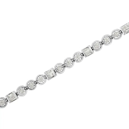 .925 Sterling Silver 1.0 Cttw Alternating Channel Set Baguette and Miracle Round Diamond Link Bracelet (i-j Color I3