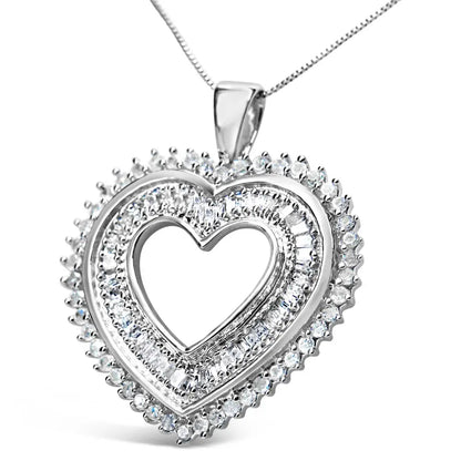 .925 Sterling Silver 1.0 Cttw Baguette and Round Diamond Heart Pendant 18’’ Necklace (h-i Color I3 Clarity) - Fine