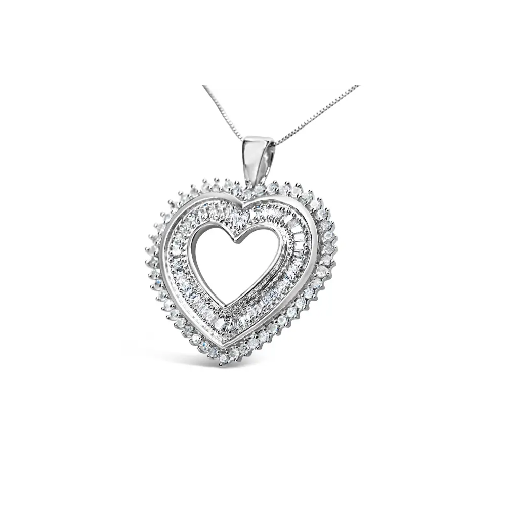 .925 Sterling Silver 1.0 Cttw Baguette and Round Diamond Heart Pendant 18’’ Necklace (h-i Color I3 Clarity) - Fine