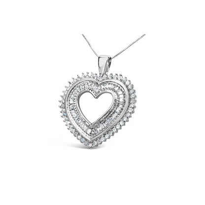 .925 Sterling Silver 1.0 Cttw Baguette and Round Diamond Heart Pendant 18’’ Necklace (h-i Color I3 Clarity) - Fine