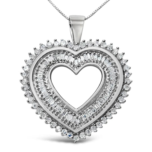 .925 Sterling Silver 1.0 Cttw Baguette and Round Diamond Heart Pendant 18’’ Necklace (h-i Color I3 Clarity) - Fine