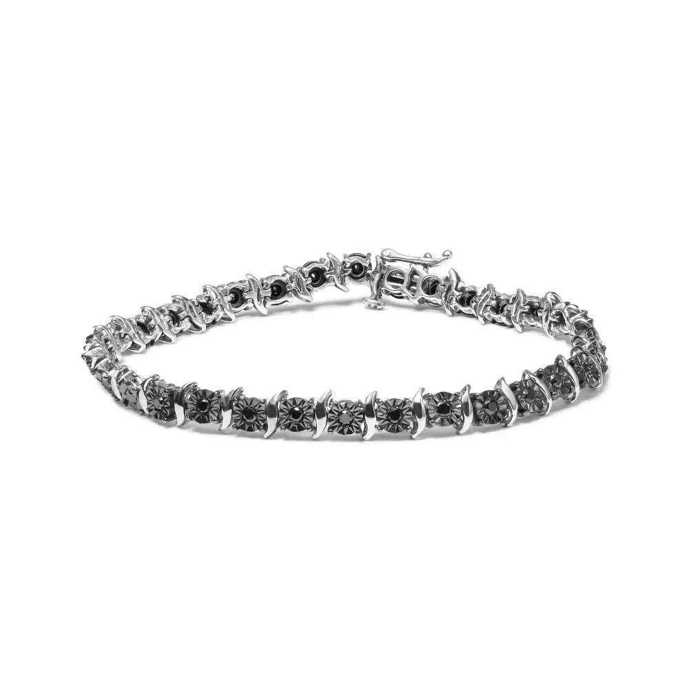 .925 Sterling Silver 1.0 Cttw Black Treated Diamond S-curve Link Miracle-set 7’’ Tennis Bracelet (black Color I2-i3