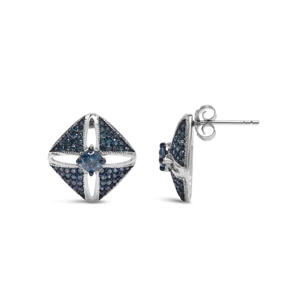 .925 Sterling Silver 1.0 Cttw Blue Diamond Studded Rhombus Stud Earring (blue Color I2-i3 Clarity) - Fine Jewelry