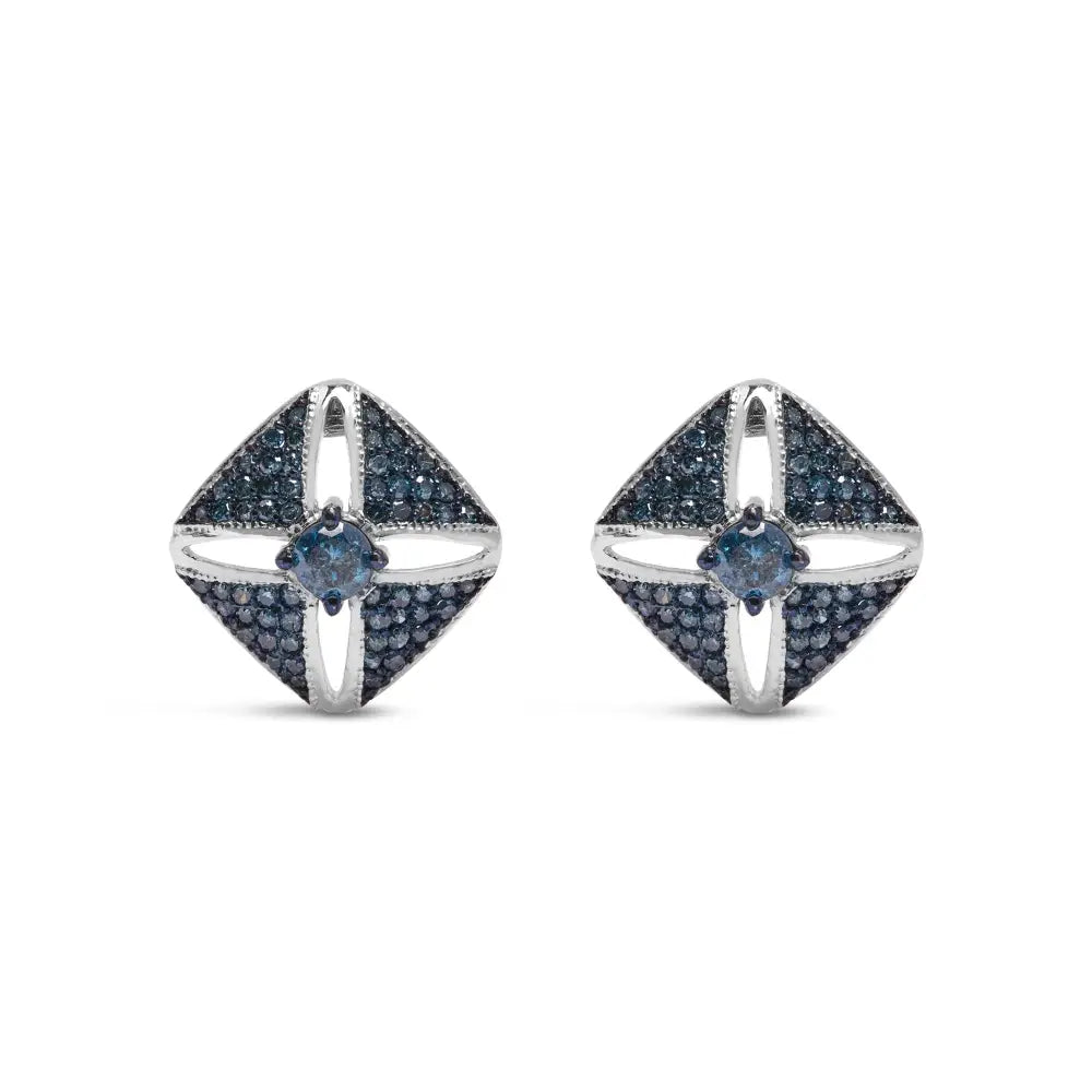 .925 Sterling Silver 1.0 Cttw Blue Diamond Studded Rhombus Stud Earring (blue Color I2-i3 Clarity) - Fine Jewelry