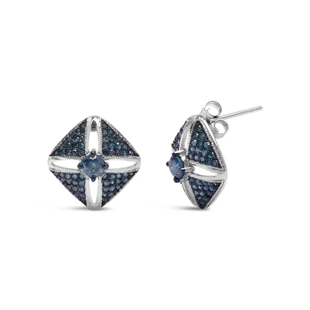 .925 Sterling Silver 1.0 Cttw Blue Diamond Studded Rhombus Stud Earring (blue Color I2-i3 Clarity) - Fine Jewelry