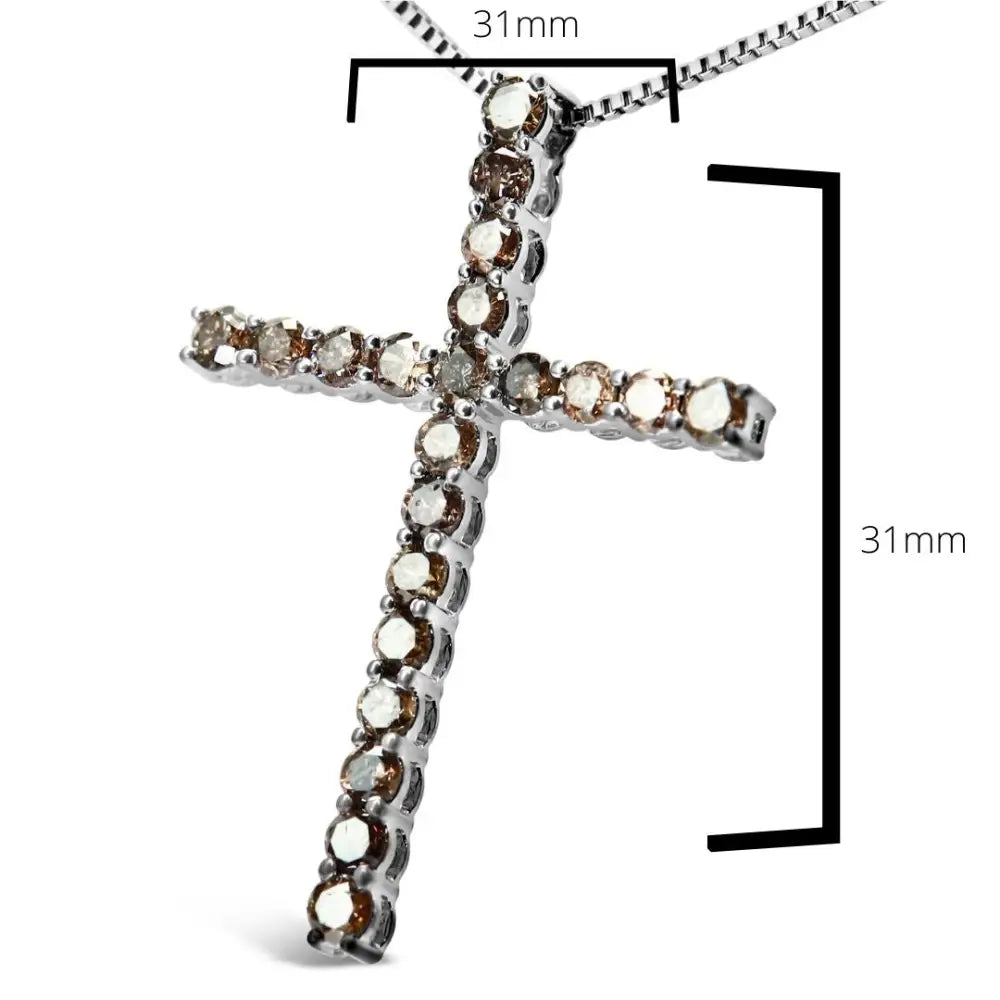 .925 Sterling Silver 1.0 Cttw Champagne Diamond Gold Cross Pendant Necklace for Women (champagne Color I1-i2 Clarity)-