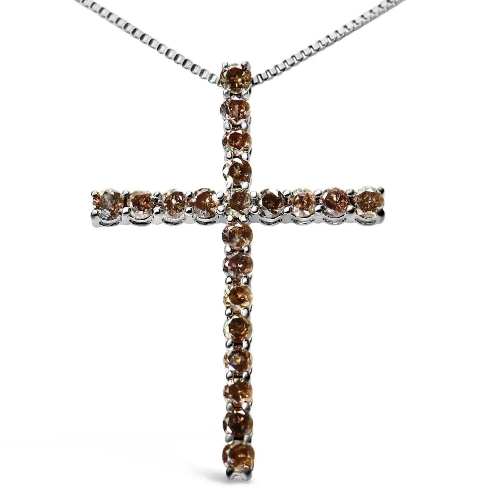 .925 Sterling Silver 1.0 Cttw Champagne Diamond Gold Cross Pendant Necklace for Women (champagne Color I1-i2 Clarity)-