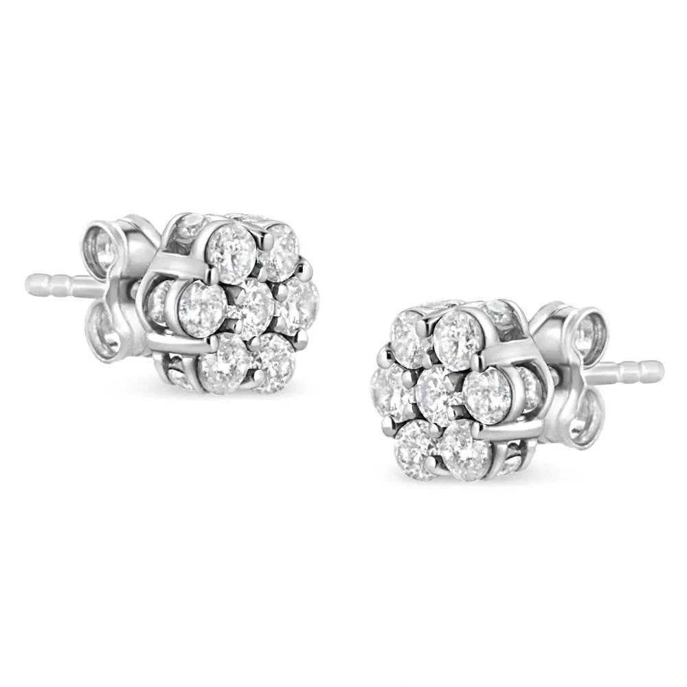 .925 Sterling Silver 1.0 Cttw Diamond Cluster 7 Stone Floral Stud Earring (i-j Color I1-i2 Clarity) - Fine Jewelry