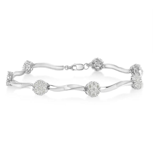 .925 Sterling Silver 1.0 Cttw Diamond Cluster Miracle-set Station & Twisted Bar 7’’ Tennis Bracelet (h-i Color