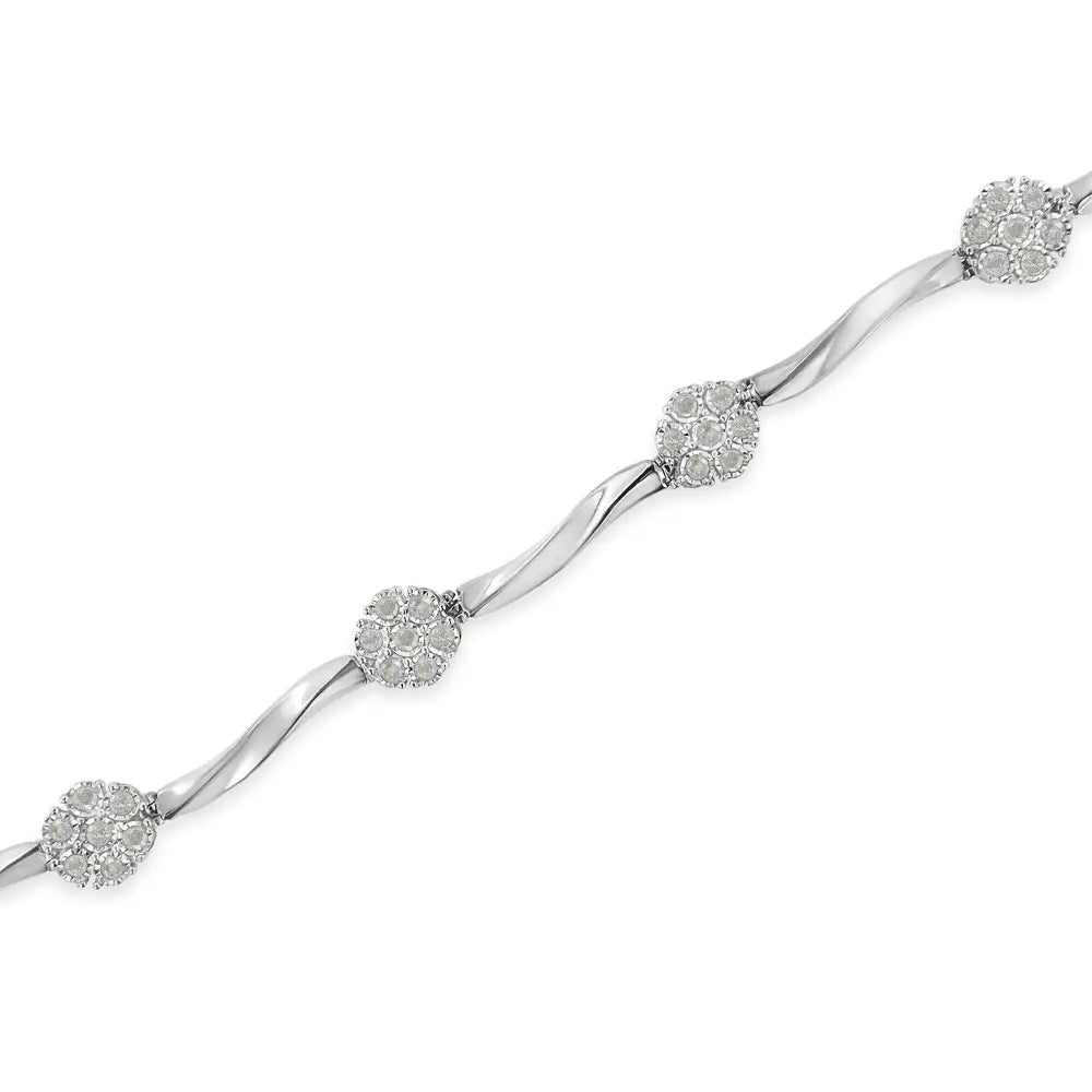 .925 Sterling Silver 1.0 Cttw Diamond Cluster Miracle-set Station & Twisted Bar 7’’ Tennis Bracelet (h-i Color