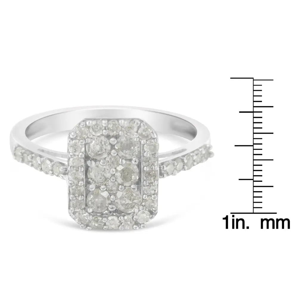 .925 Sterling Silver 1.0 Cttw Diamond Emerald-shaped Cluster with Halo Cathedral Style Cocktail Ring (i-j Color I3