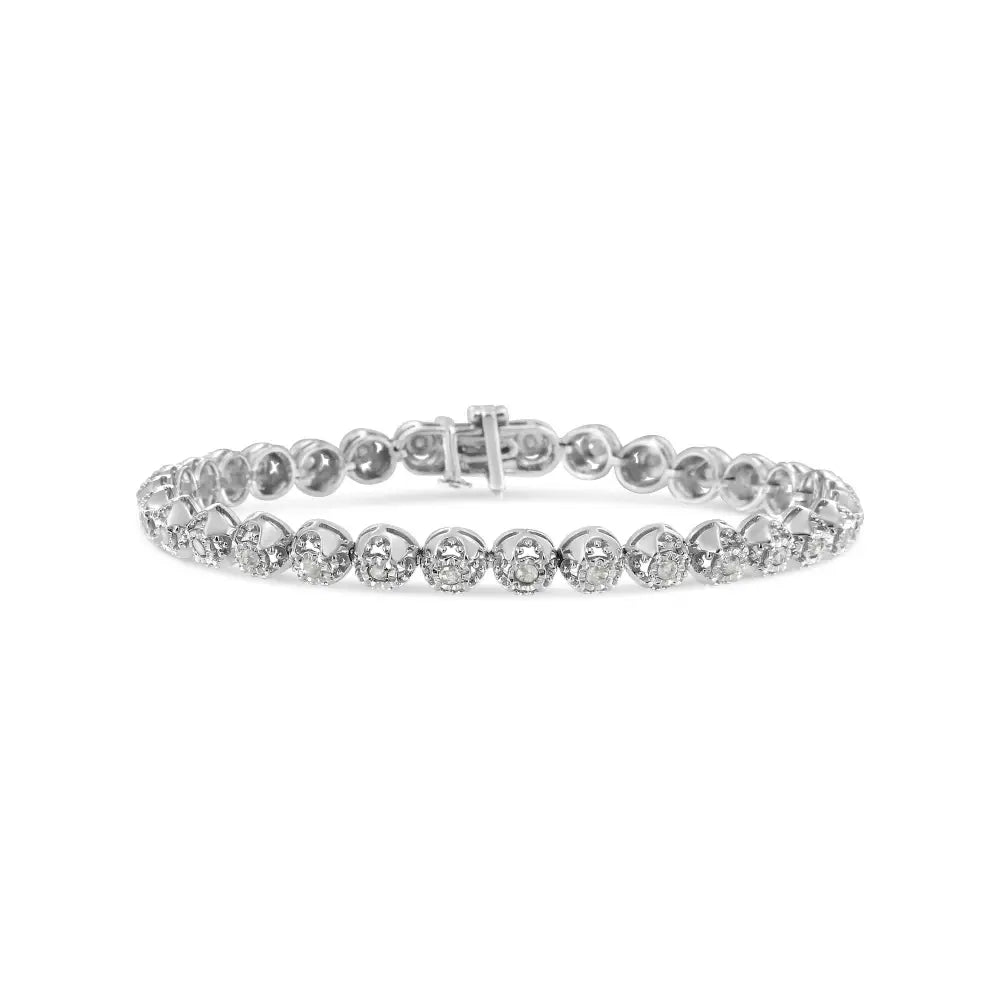 .925 Sterling Silver 1.0 Cttw Diamond Miracle-plate Open Quatrefoil Flower Circle-link 7’’ Tennis Bracelet (i-j