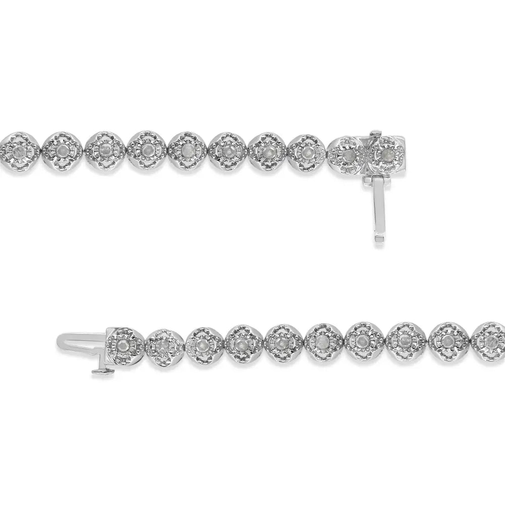 .925 Sterling Silver 1.0 Cttw Diamond Miracle-plate Open Quatrefoil Flower Circle-link 7’’ Tennis Bracelet (i-j