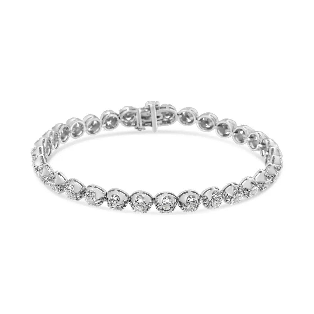 .925 Sterling Silver 1.0 Cttw Diamond Miracle-plate Open Quatrefoil Flower Circle-link 7’’ Tennis Bracelet (i-j