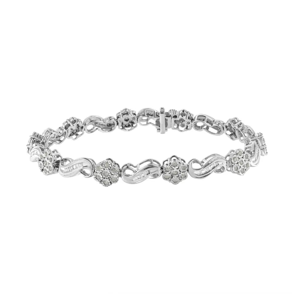 .925 Sterling Silver 1.0 Cttw Miracle and Channel Set Diamond Floral Cluster Link Bracelet (i-j Color I3 Clarity)