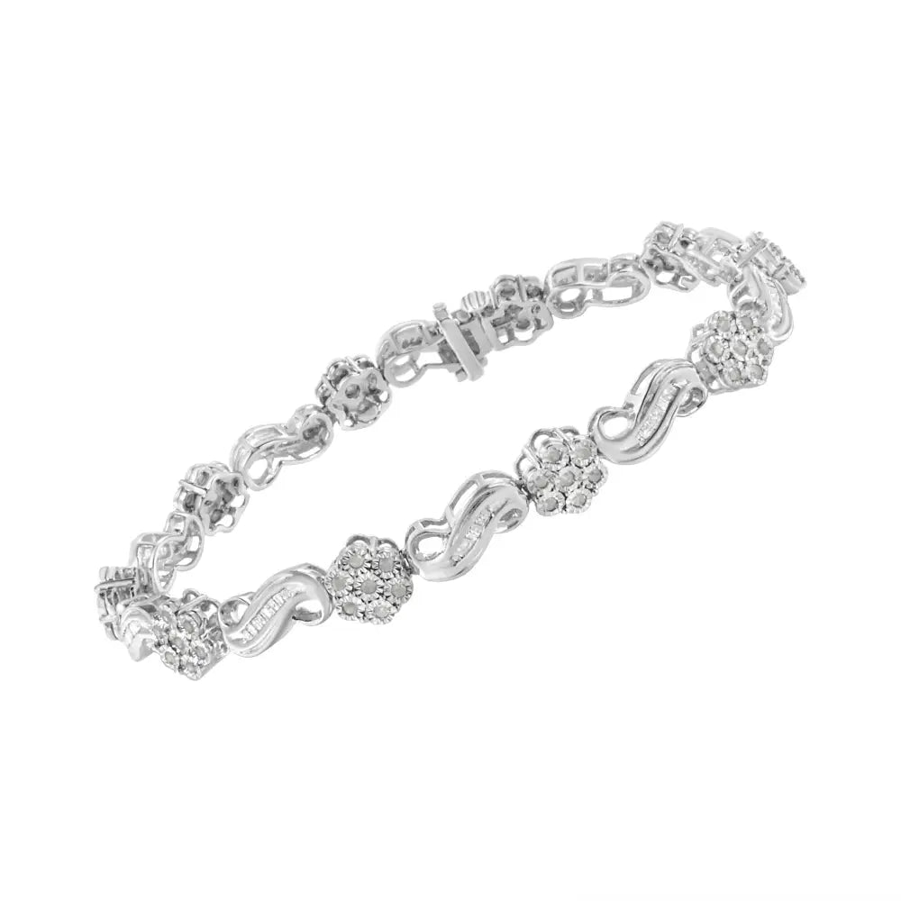 .925 Sterling Silver 1.0 Cttw Miracle and Channel Set Diamond Floral Cluster Link Bracelet (i-j Color I3 Clarity)