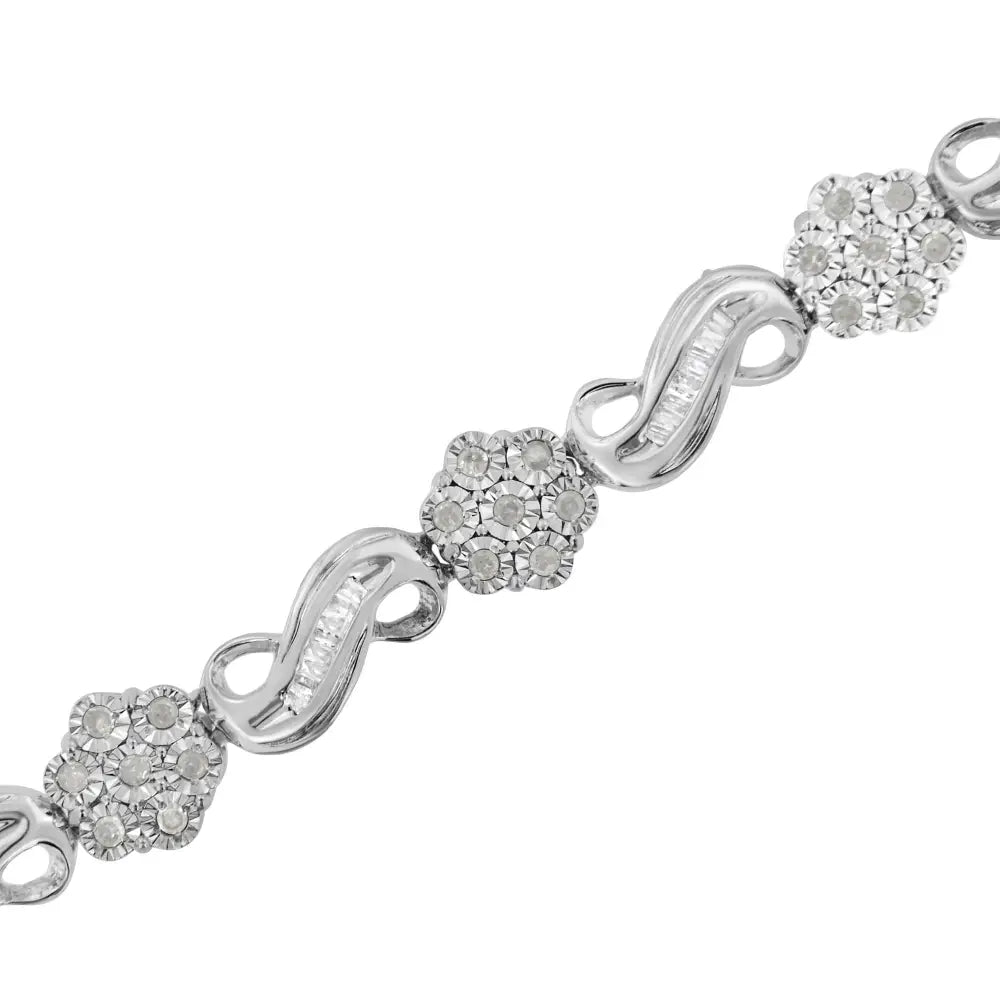 .925 Sterling Silver 1.0 Cttw Miracle and Channel Set Diamond Floral Cluster Link Bracelet (i-j Color I3 Clarity)