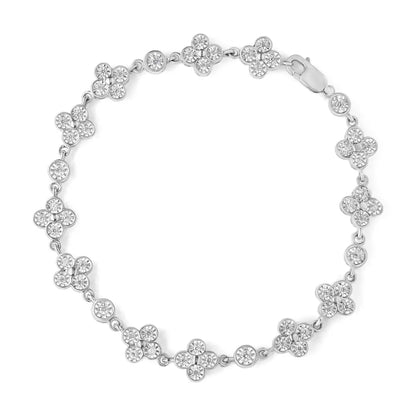 .925 Sterling Silver 1.0 Cttw Miracle-set Diamond 4 Leaf and Solitaire Station Link Bracelet (i-j Color I3 Clarity)