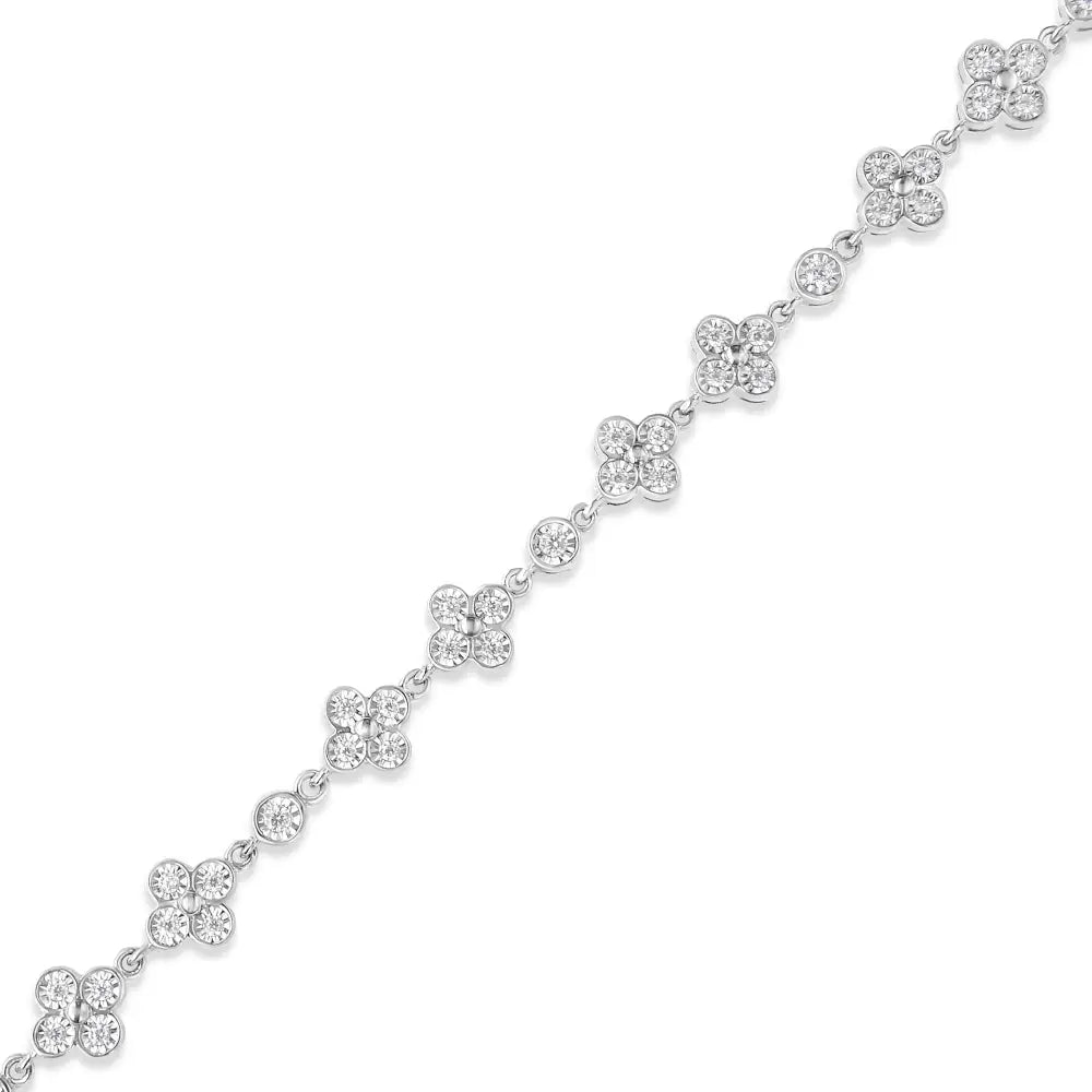 .925 Sterling Silver 1.0 Cttw Miracle-set Diamond 4 Leaf and Solitaire Station Link Bracelet (i-j Color I3 Clarity)