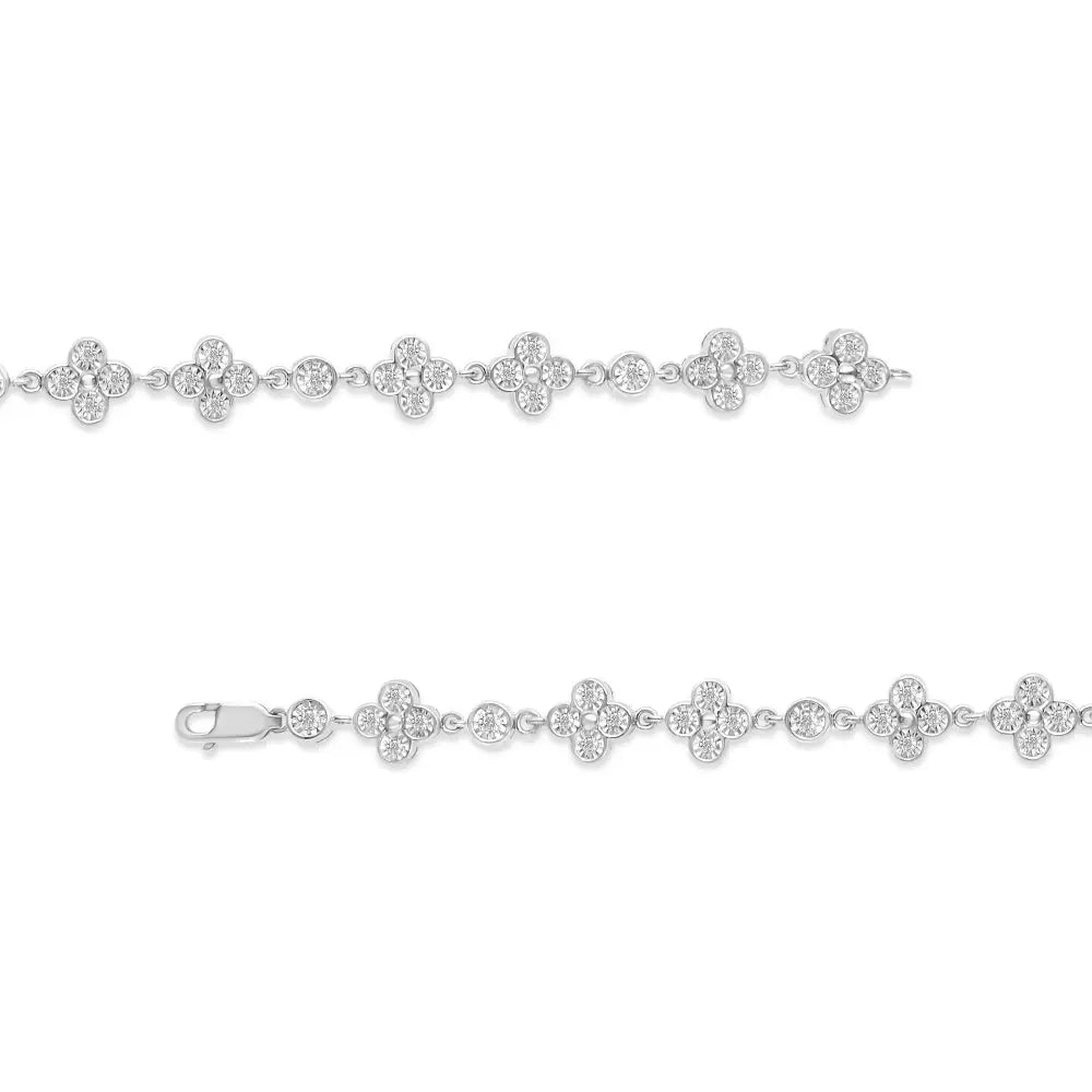 .925 Sterling Silver 1.0 Cttw Miracle-set Diamond 4 Leaf and Solitaire Station Link Bracelet (i-j Color I3 Clarity)