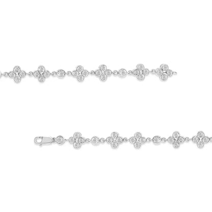 .925 Sterling Silver 1.0 Cttw Miracle-set Diamond 4 Leaf and Solitaire Station Link Bracelet (i-j Color I3 Clarity)