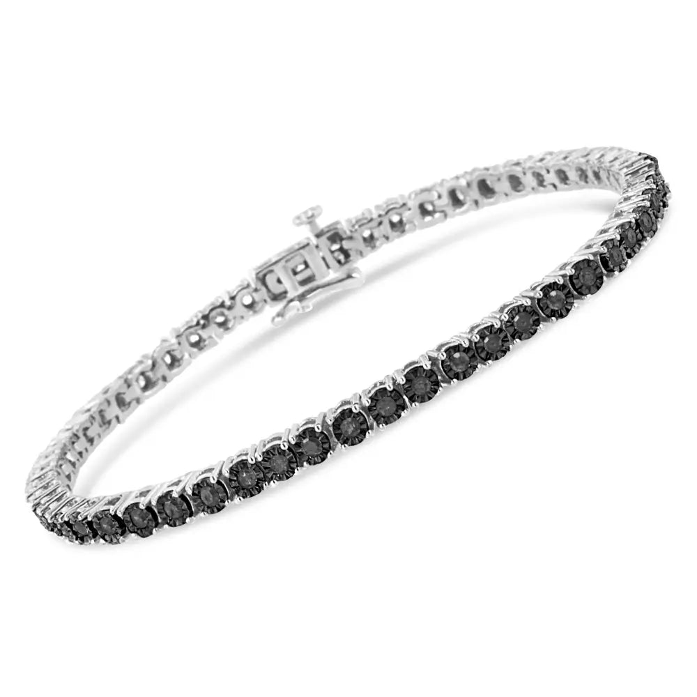 .925 Sterling Silver 1.0 Cttw Miracle-set Treated Black Diamond Round Miracle Plate Tennis Bracelet (black Color I3