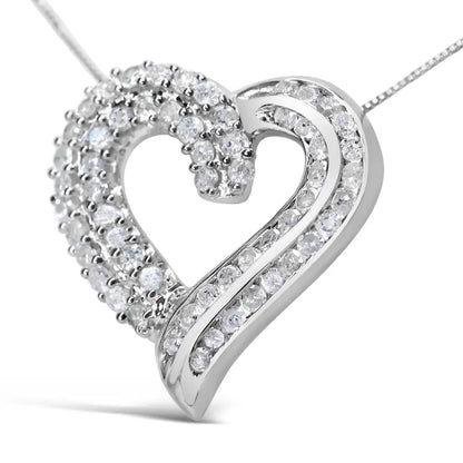 .925 Sterling Silver 1.0 Cttw Prong & Channel-set Diamond Open Work Ribbon Heart Pendant 18’’ Necklace (i-j Color