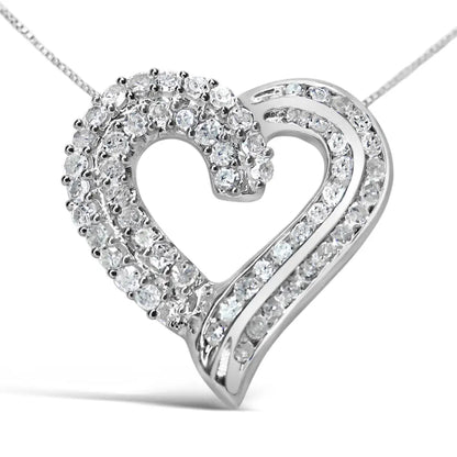 .925 Sterling Silver 1.0 Cttw Prong & Channel-set Diamond Open Work Ribbon Heart Pendant 18’’ Necklace (i-j Color