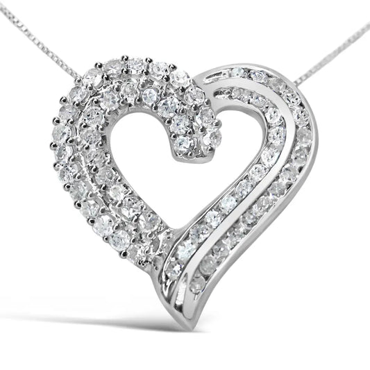 .925 Sterling Silver 1.0 Cttw Prong & Channel-set Diamond Open Work Ribbon Heart Pendant 18’’ Necklace (i-j Color