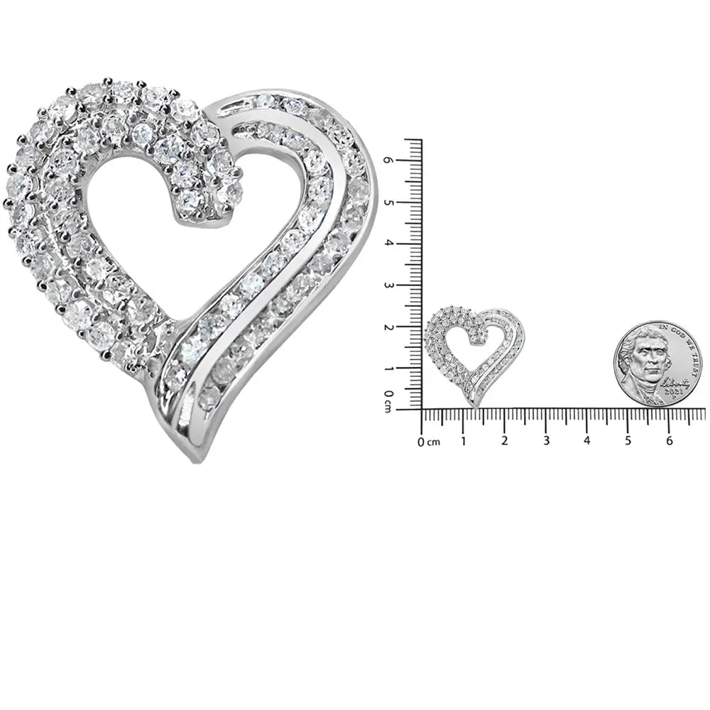 .925 Sterling Silver 1.0 Cttw Prong & Channel-set Diamond Open Work Ribbon Heart Pendant 18’’ Necklace (i-j Color