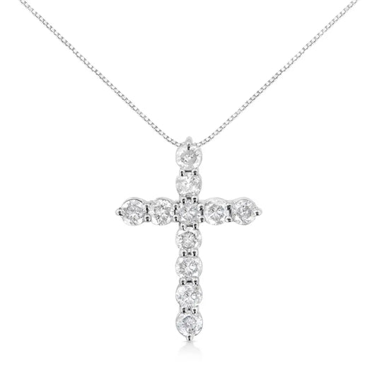 .925 Sterling Silver 1.0 Cttw Prong Set Round-cut Diamond Cross 18’’ Pendant Necklace (i-j Color I2-i3 Clarity)