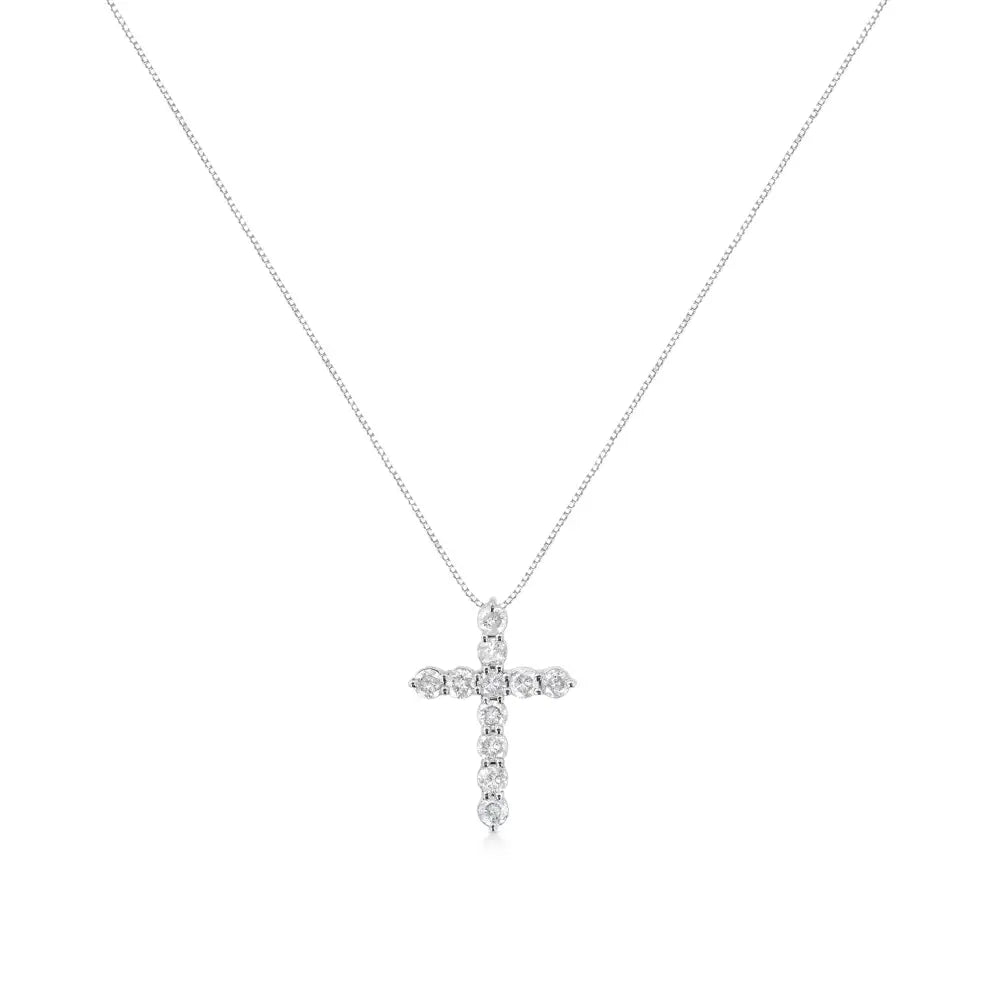 .925 Sterling Silver 1.0 Cttw Prong Set Round-cut Diamond Cross 18’’ Pendant Necklace (i-j Color I2-i3 Clarity)