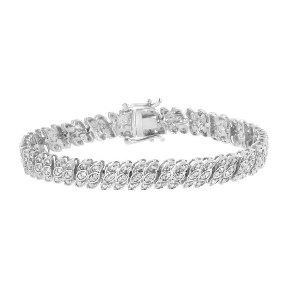 .925 Sterling Silver 1.0 Cttw Prong-set Round-cut Diamond Leaf and Pear Shaped Link Tennis Bracelet (i-j Color I2-i3