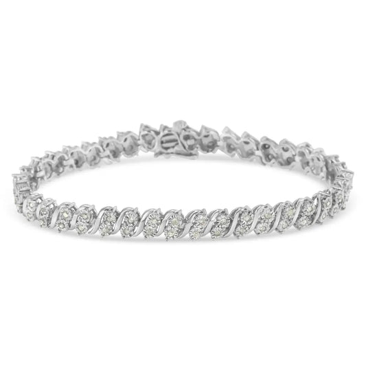 .925 Sterling Silver 1.0 Cttw Rose Cut Diamond Two Stone s Link Tennis Bracelet (i-j Color I2-i3 Clarity) - 7” - Fine