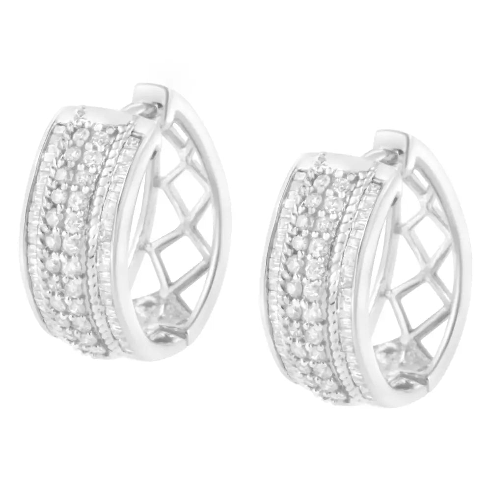 .925 Sterling Silver 1.0 Cttw Round and Baguette-cut Diamond Hoop Earring (h-i Color I2-i3 Clarity) - Fine Jewelry