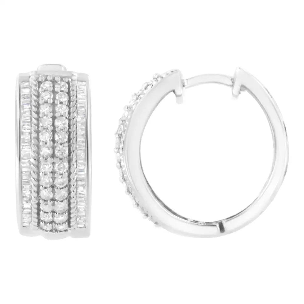 .925 Sterling Silver 1.0 Cttw Round and Baguette-cut Diamond Hoop Earring (h-i Color I2-i3 Clarity) - Fine Jewelry