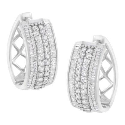 .925 Sterling Silver 1.0 Cttw Round and Baguette-cut Diamond Hoop Earring (h-i Color I2-i3 Clarity) - Fine Jewelry