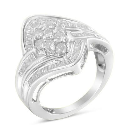 .925 Sterling Silver 1.0 Cttw Round & Baguette Cut Diamond Bypass Faux-wrap Cluster Engagement or Cocktail Ring (i-j