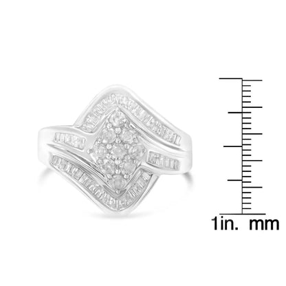 .925 Sterling Silver 1.0 Cttw Round & Baguette Cut Diamond Bypass Faux-wrap Cluster Engagement or Cocktail Ring (i-j