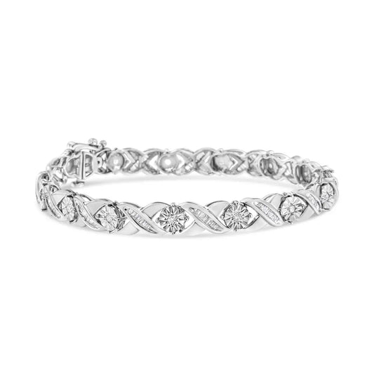 .925 Sterling Silver 1.0 Cttw Round-brilliant and Baguette Cut Diamond Miracle-set X-link 7’’ Tennis Bracelet (i-j