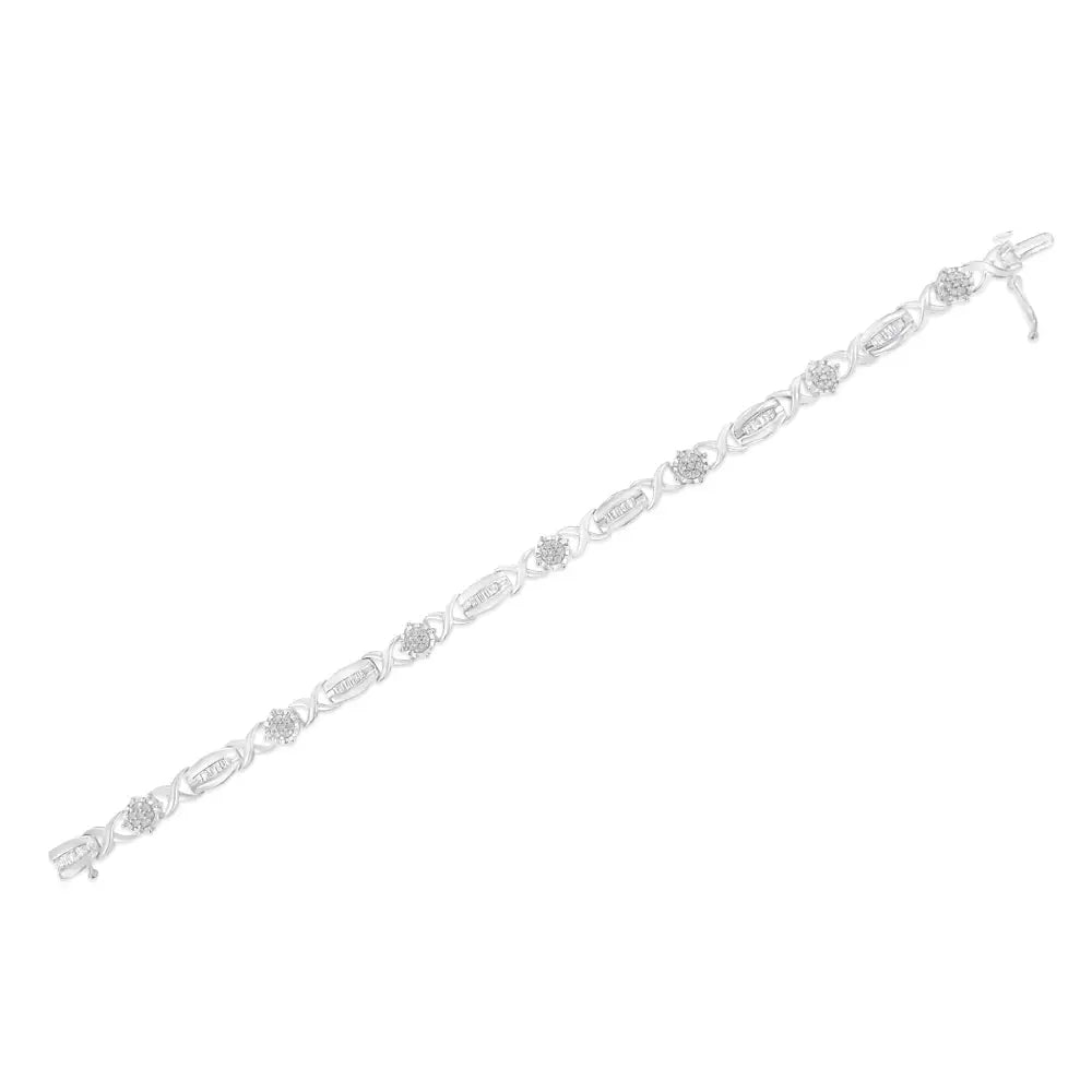 .925 Sterling Silver 1.0 Cttw Round-cut and Baguette-cut Diamond X-link Bracelet (i-j Color I1-i2 Clarity) - 7’’