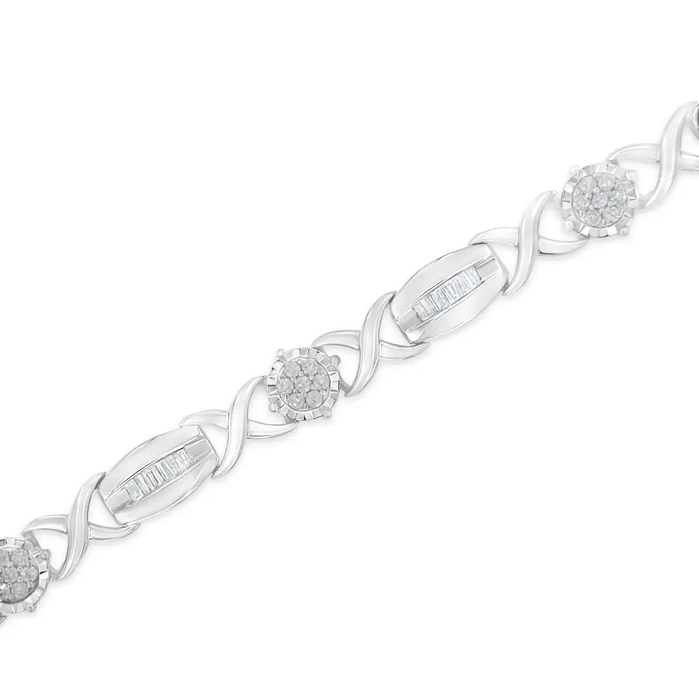 .925 Sterling Silver 1.0 Cttw Round-cut and Baguette-cut Diamond X-link Bracelet (i-j Color I1-i2 Clarity) - 7’’