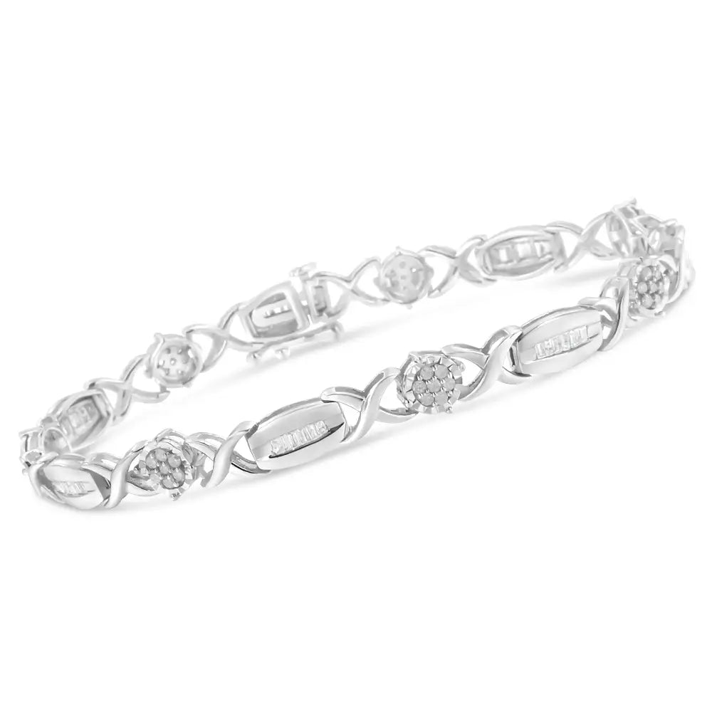 .925 Sterling Silver 1.0 Cttw Round-cut and Baguette-cut Diamond X-link Bracelet (i-j Color I1-i2 Clarity) - 7’’