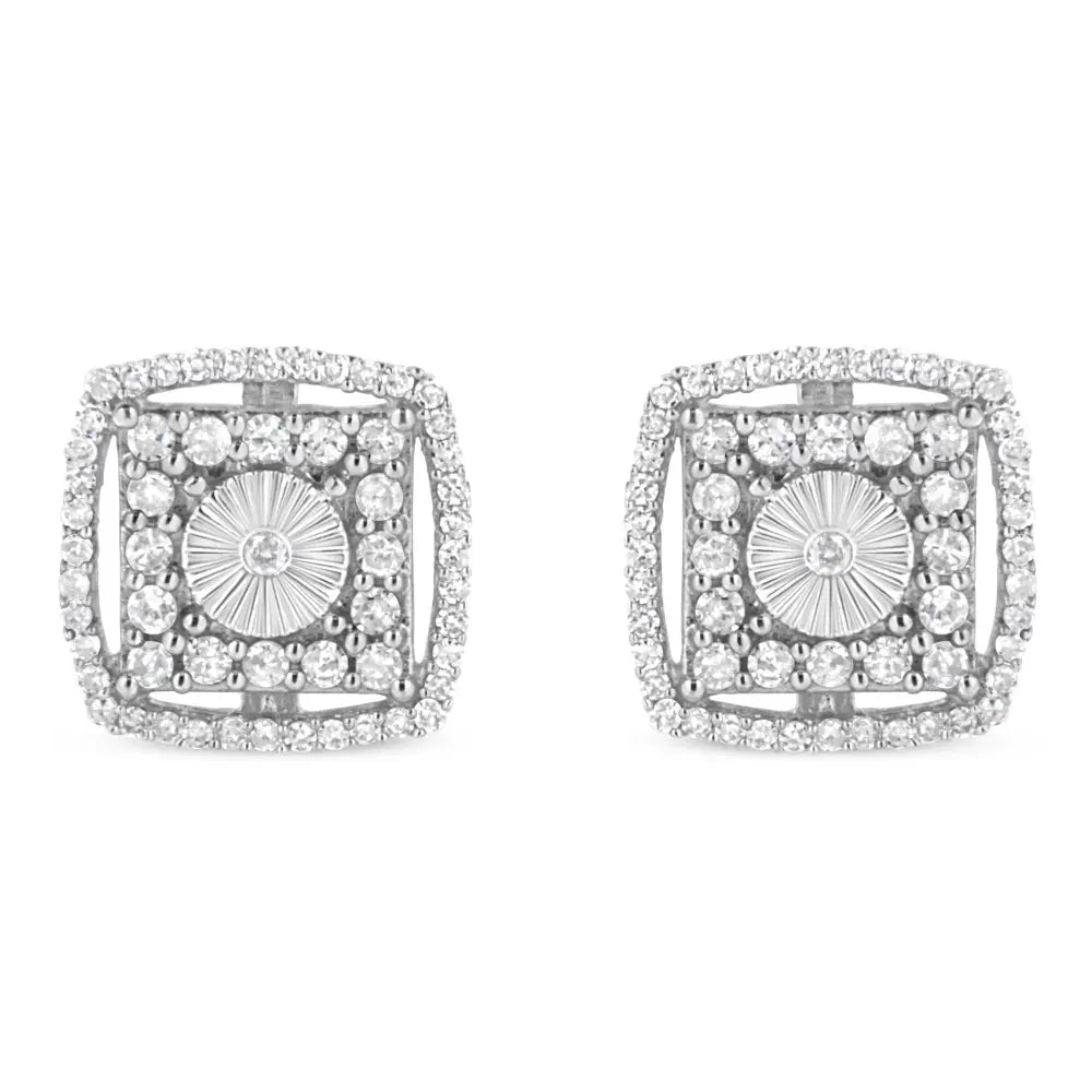 .925 Sterling Silver 1.0 Cttw Round Diamond Double Halo and Disc Stud Earring (i-j Color I2-i3 Clarity) - Fine Jewelry