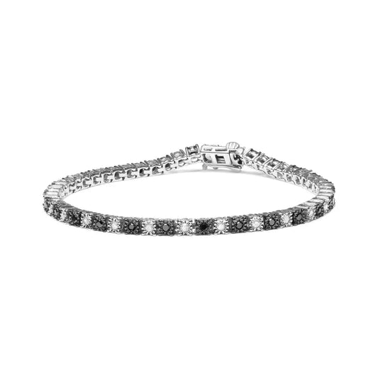 .925 Sterling Silver 1.0 Cttw with Alternating Round White Diamond and Treated Black Tennis Bracelet (black I-j Color