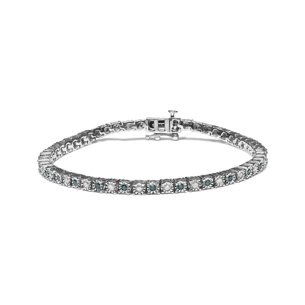 .925 Sterling Silver 1.0 Cttw with Alternating Round White Diamond and Treated Green Tennis Bracelet (green I-j Color