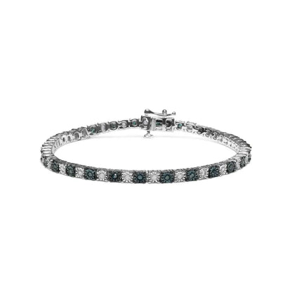 .925 Sterling Silver 1.0 Cttw with Alternating Round White Diamond and Treated Blue Tennis Bracelet (blue I-j Color I3