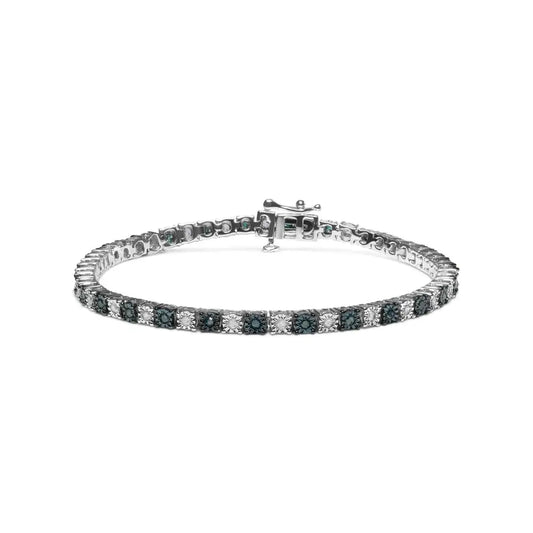 .925 Sterling Silver 1.0 Cttw with Alternating Round White Diamond and Treated Blue Tennis Bracelet (blue I-j Color I3