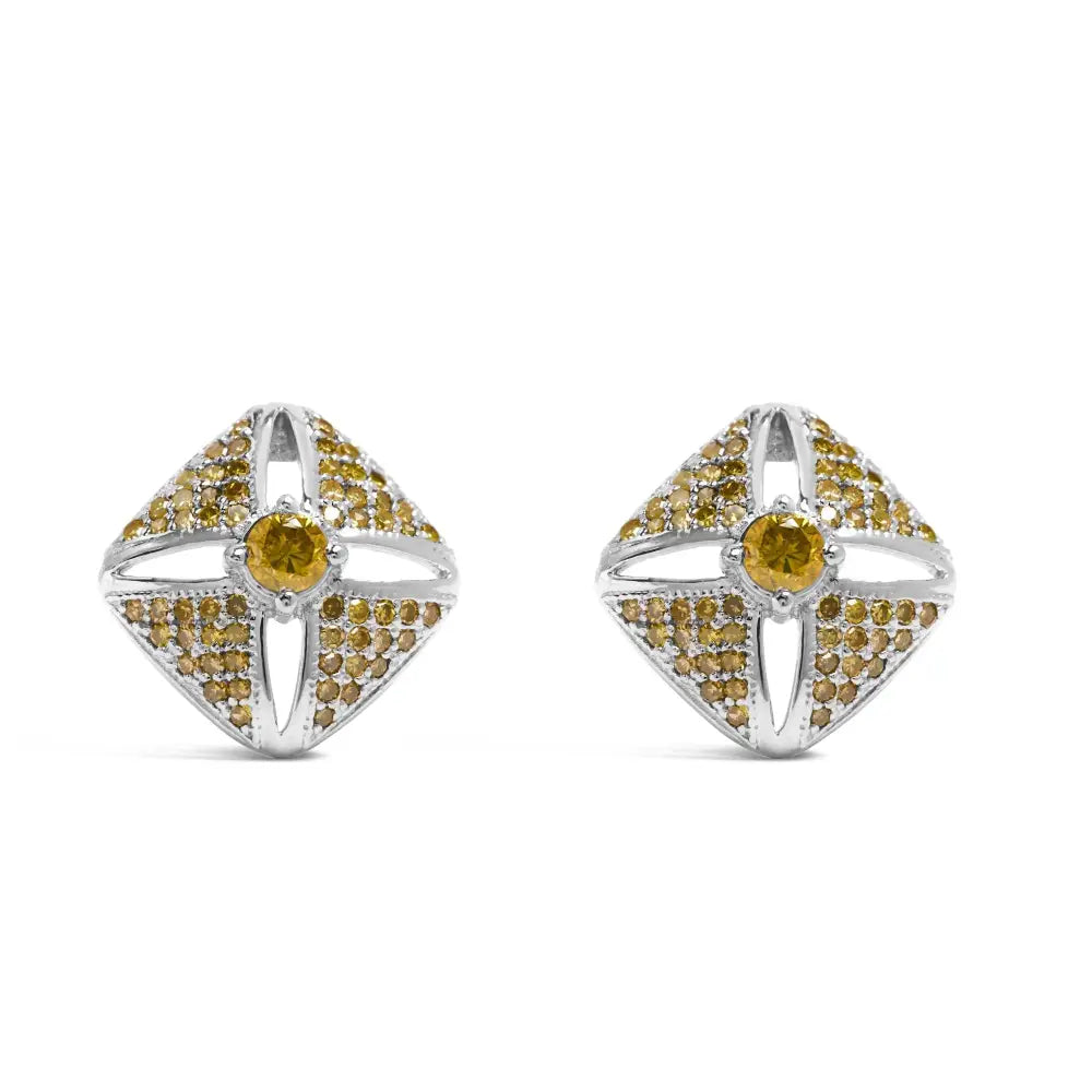 .925 Sterling Silver 1.0 Cttw Yellow Diamond Studded Rhombus Stud Earring (yellow Color I2-i3 Clarity) - Fine Jewelry