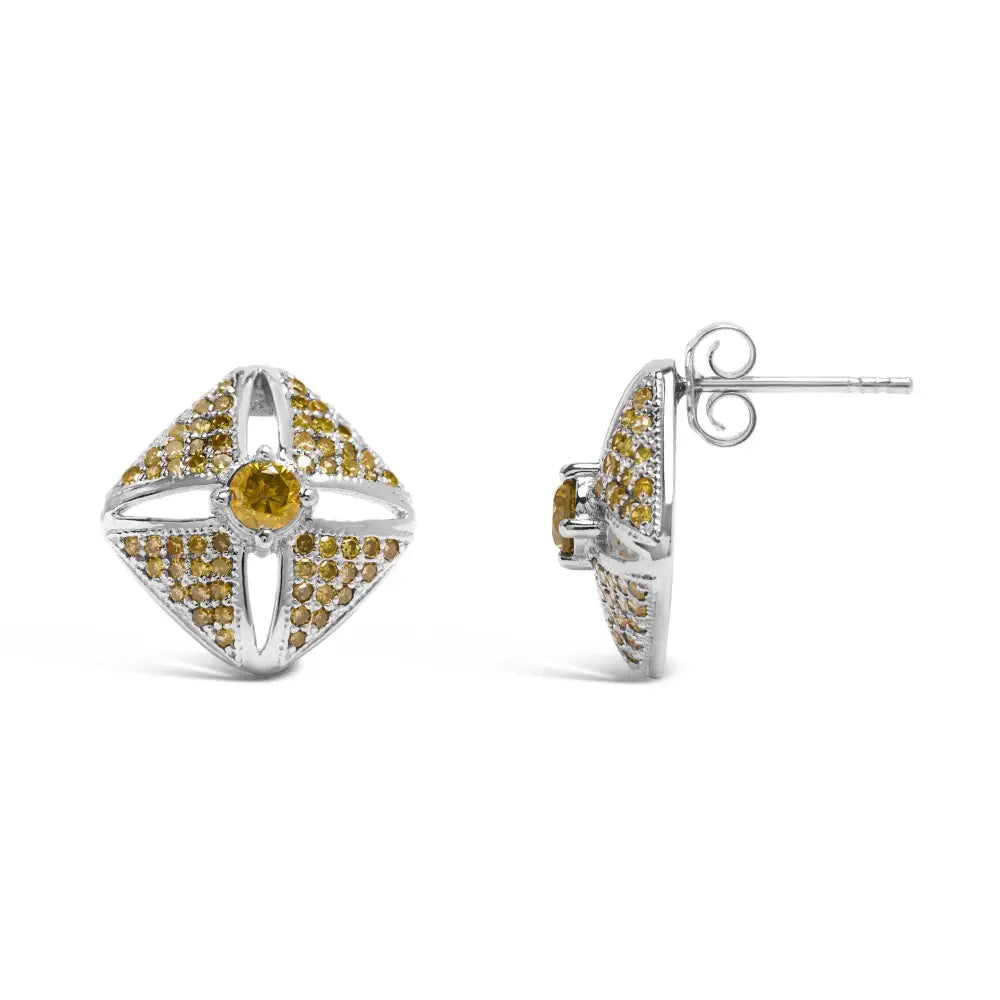 .925 Sterling Silver 1.0 Cttw Yellow Diamond Studded Rhombus Stud Earring (yellow Color I2-i3 Clarity) - Fine Jewelry